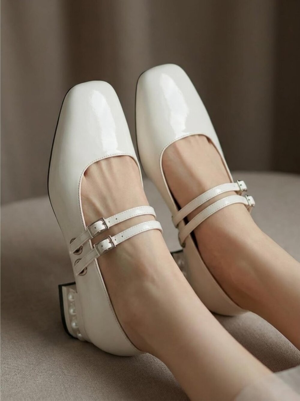 Women's Pearl White Mary Jane Low Pearl Heels Square Toe Pumps Ballet Shoes - Picture 2 of 6
